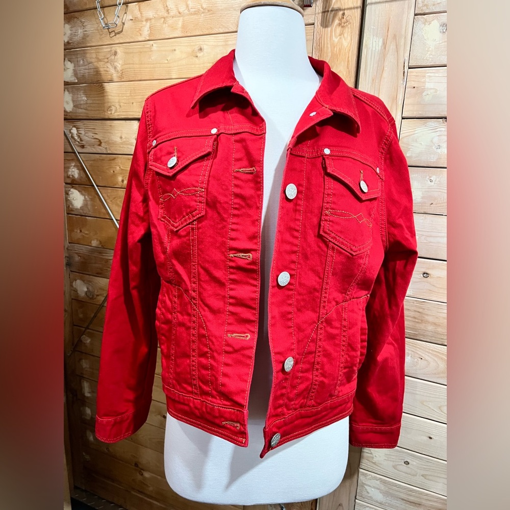 Cabi, M, red, vintage jean jacket with silver buttons